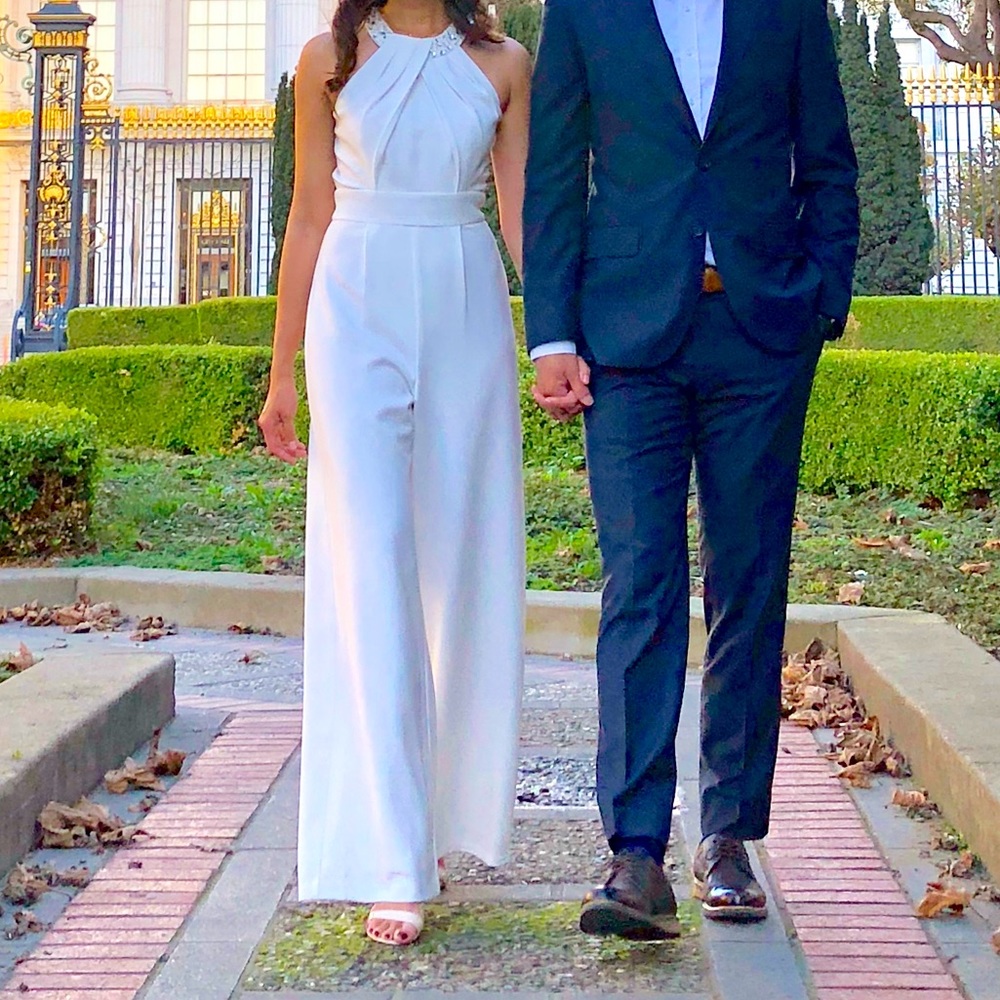 Crepe Wide-Leg Wedding Jumpsuit with Crystal Neckline